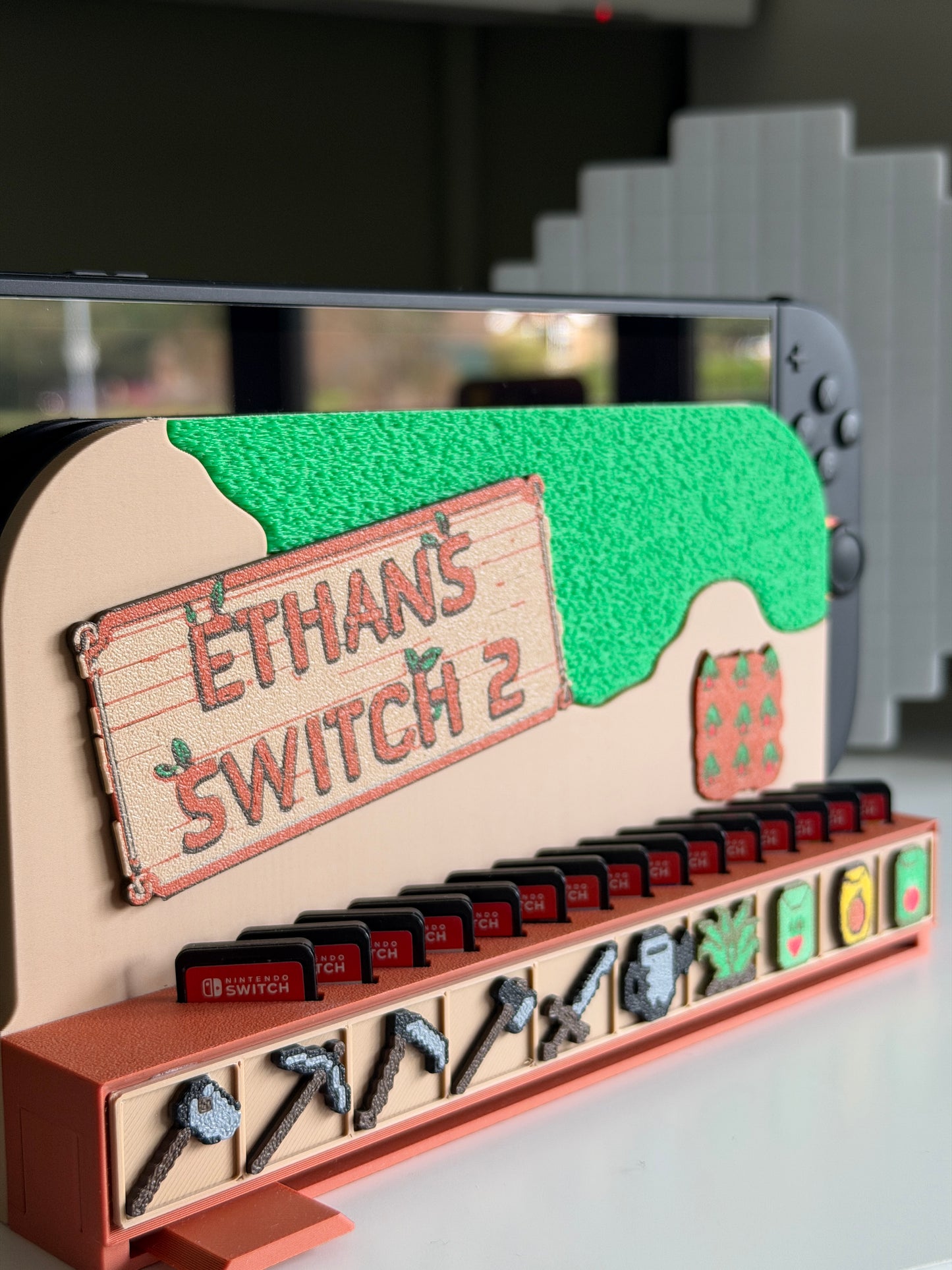 Switch 2 dock cover with game storage, Stardew Valley inspired, personalised nameplate