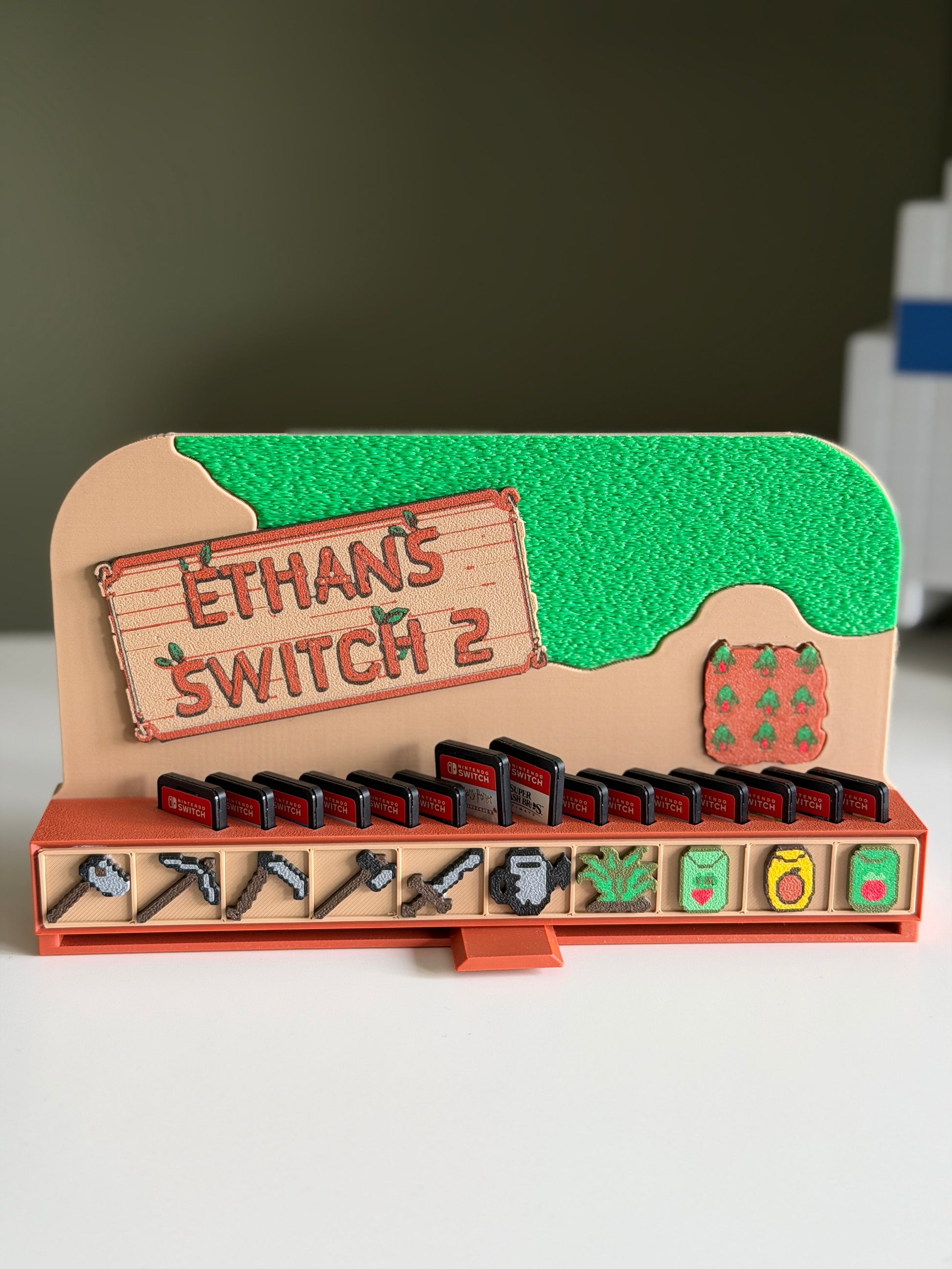Switch 2 dock cover with game storage, Stardew Valley inspired, personalised nameplate
