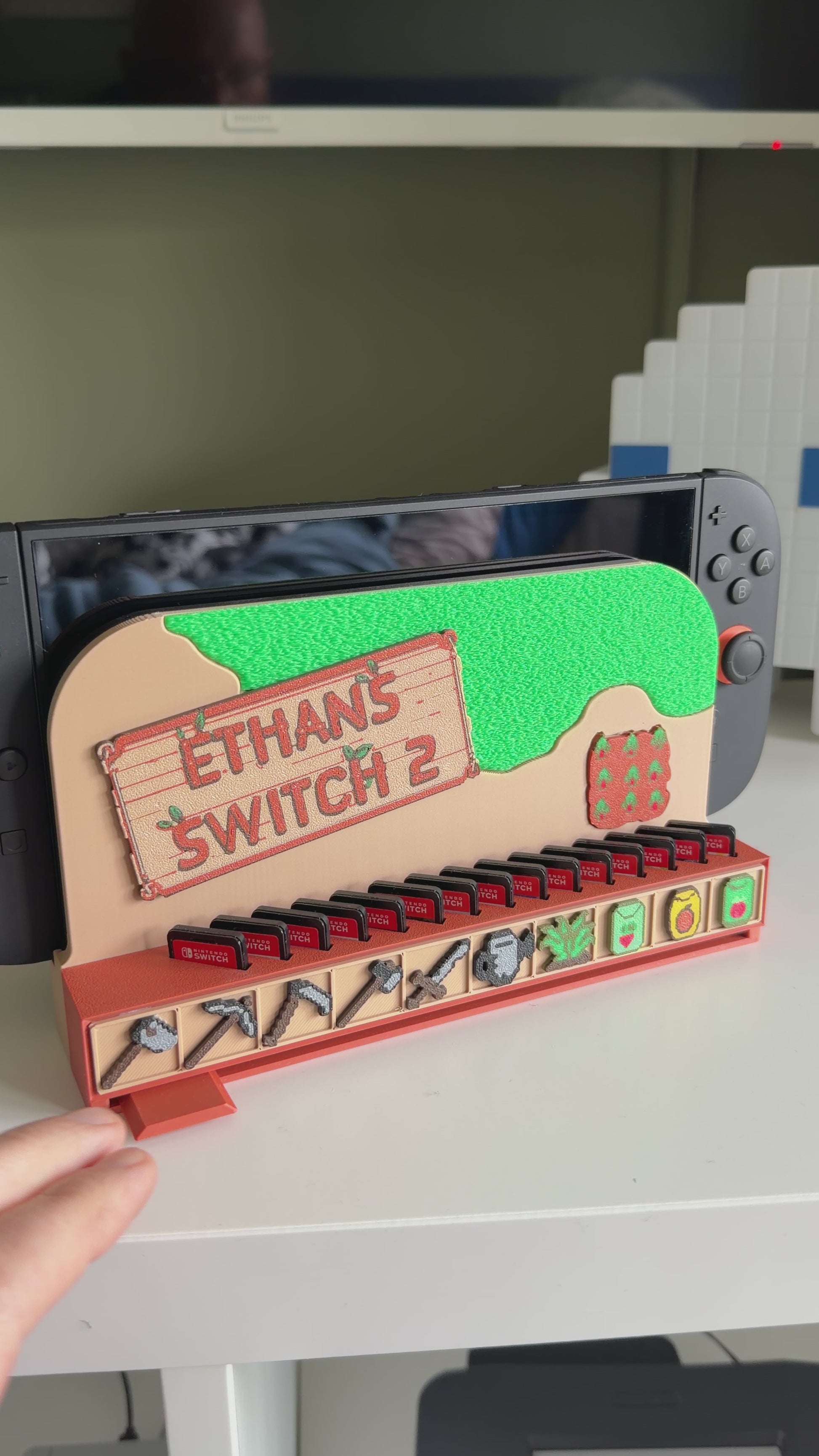 Switch 2 dock cover with game storage, Stardew Valley inspired, personalised nameplate